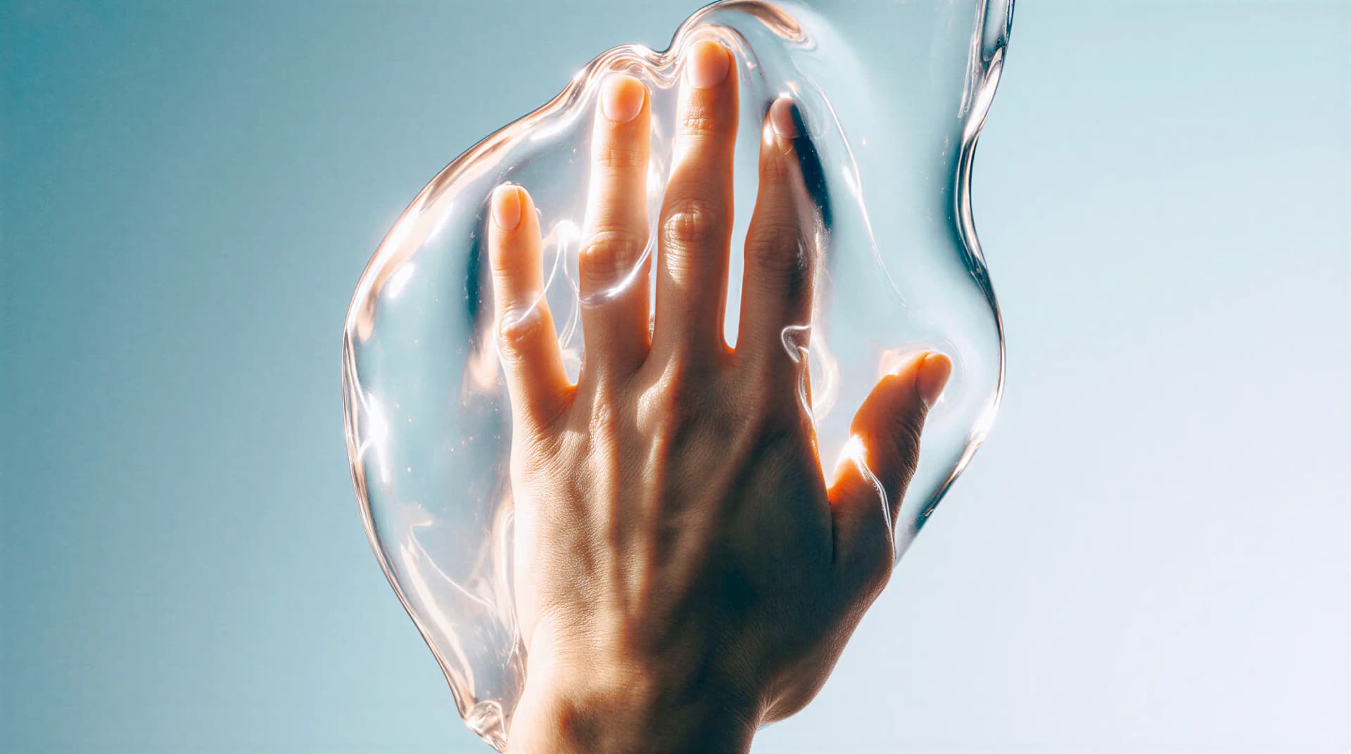 Hand pressing against a clear, flexible surface with a blue sky background, creating an impression on the material.