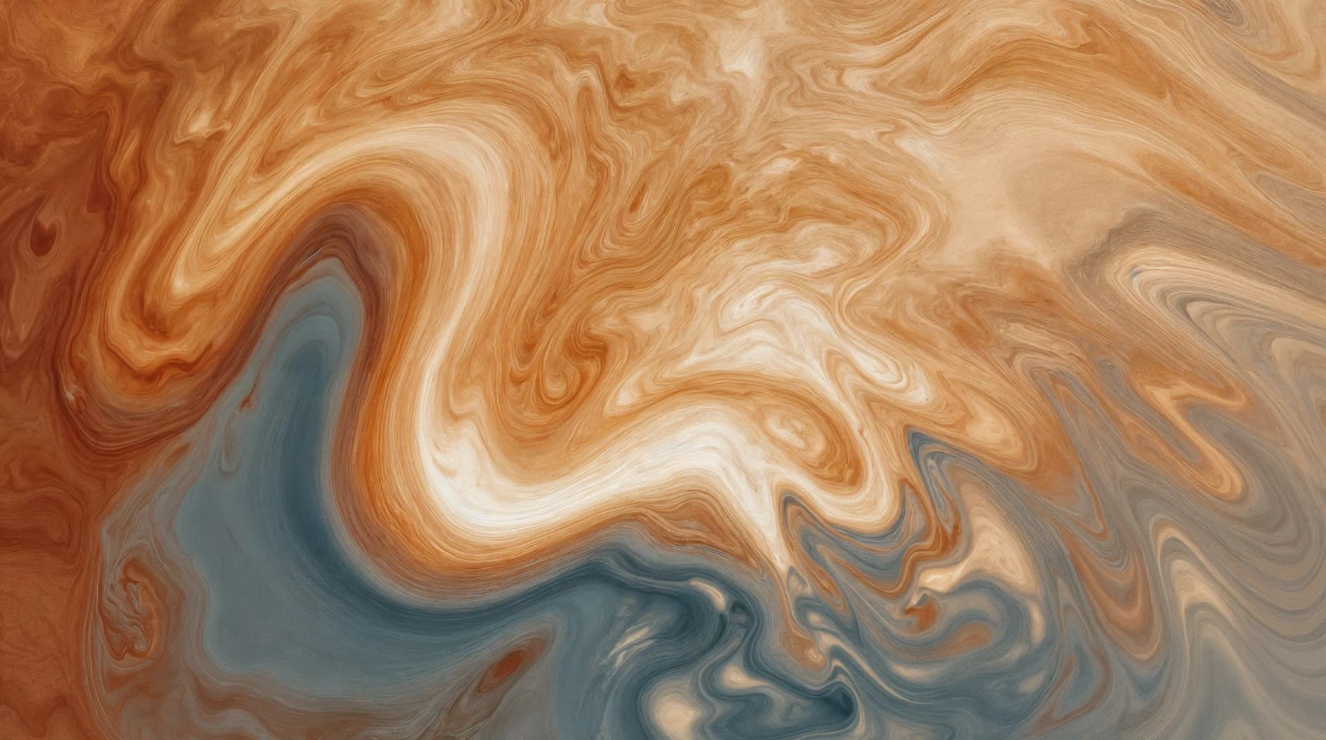 Swirling abstract pattern with shades of brown, orange, blue, and white, resembling fluid marble or a stormy cloudscape.