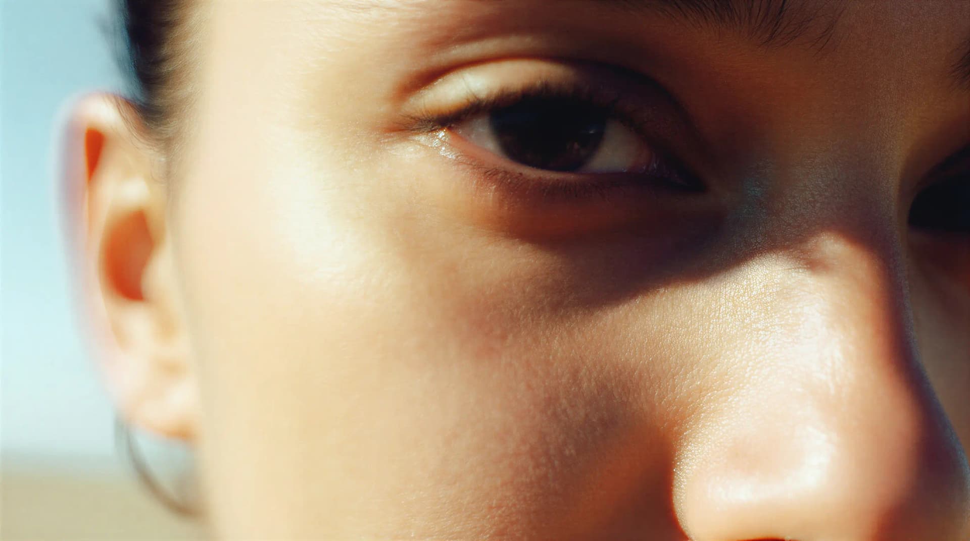 Close-up of a person's face focusing on the eye and nose, highlighting smooth skin texture and natural lighting.