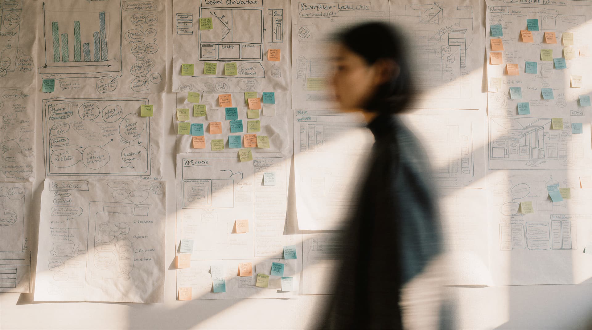 Blurred person walking past a wall covered with sketches, charts, and colorful sticky notes in a well-lit room.