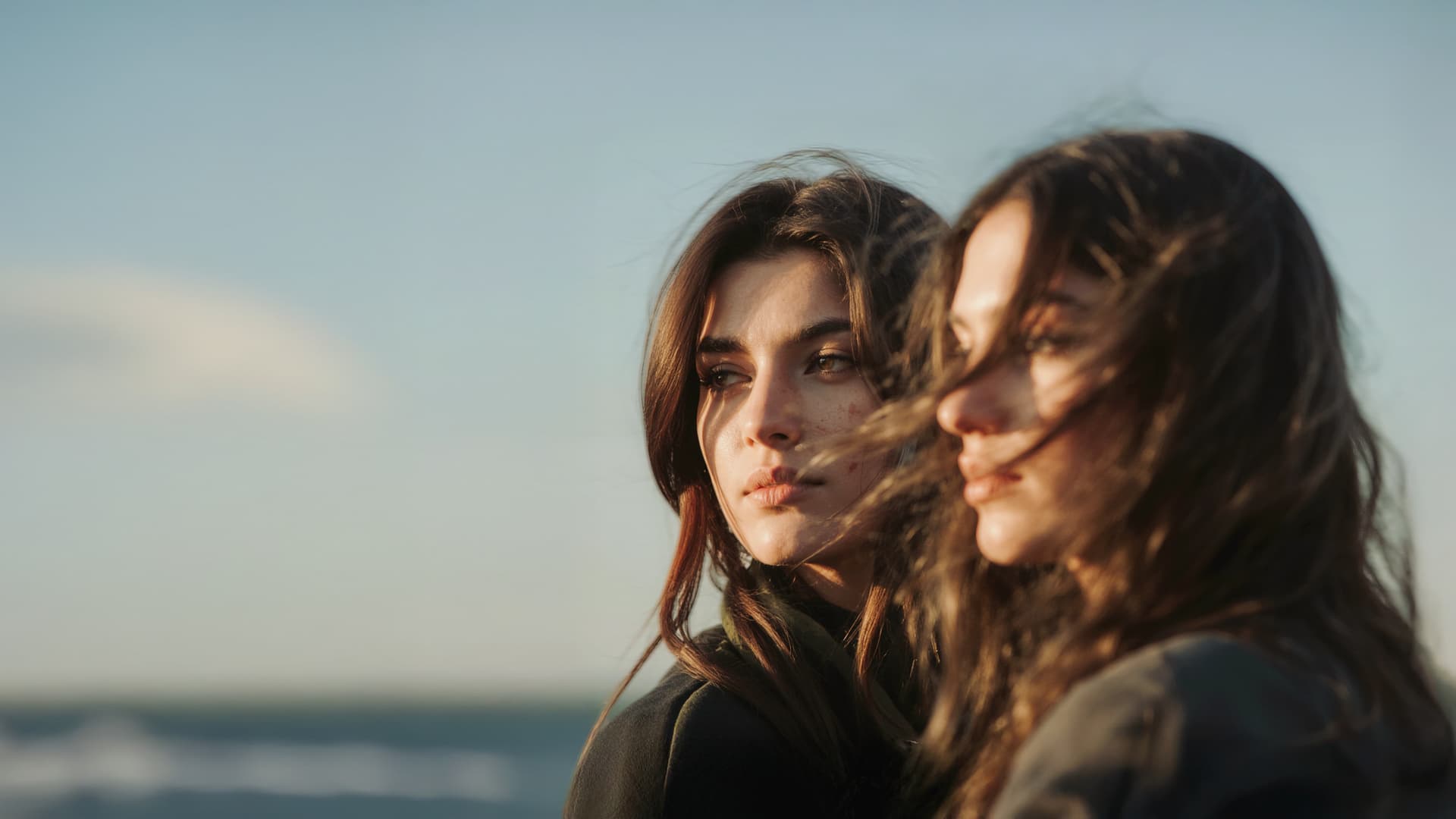 Two women with windblown hair gaze thoughtfully into the distance at a beach, under a clear sky.