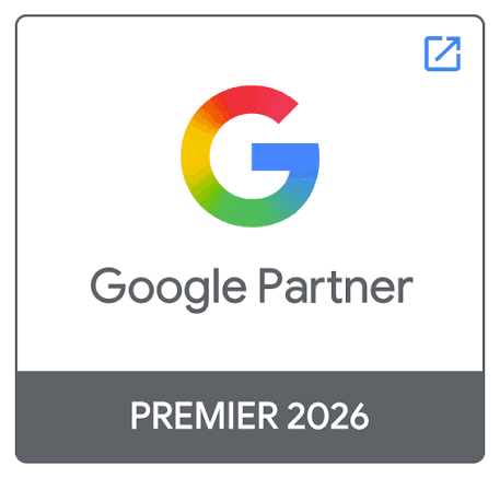 Google Partner Premier 2026 badge featuring a multicolored "G" logo and an external link icon in the top right corner.