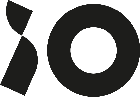 Abstract black shapes forming stylized letters "i" and "O" on a white background.