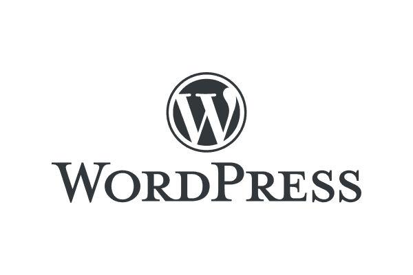 WordPress logo featuring a circular emblem with a stylized "W" above the text "WordPress" in black font.