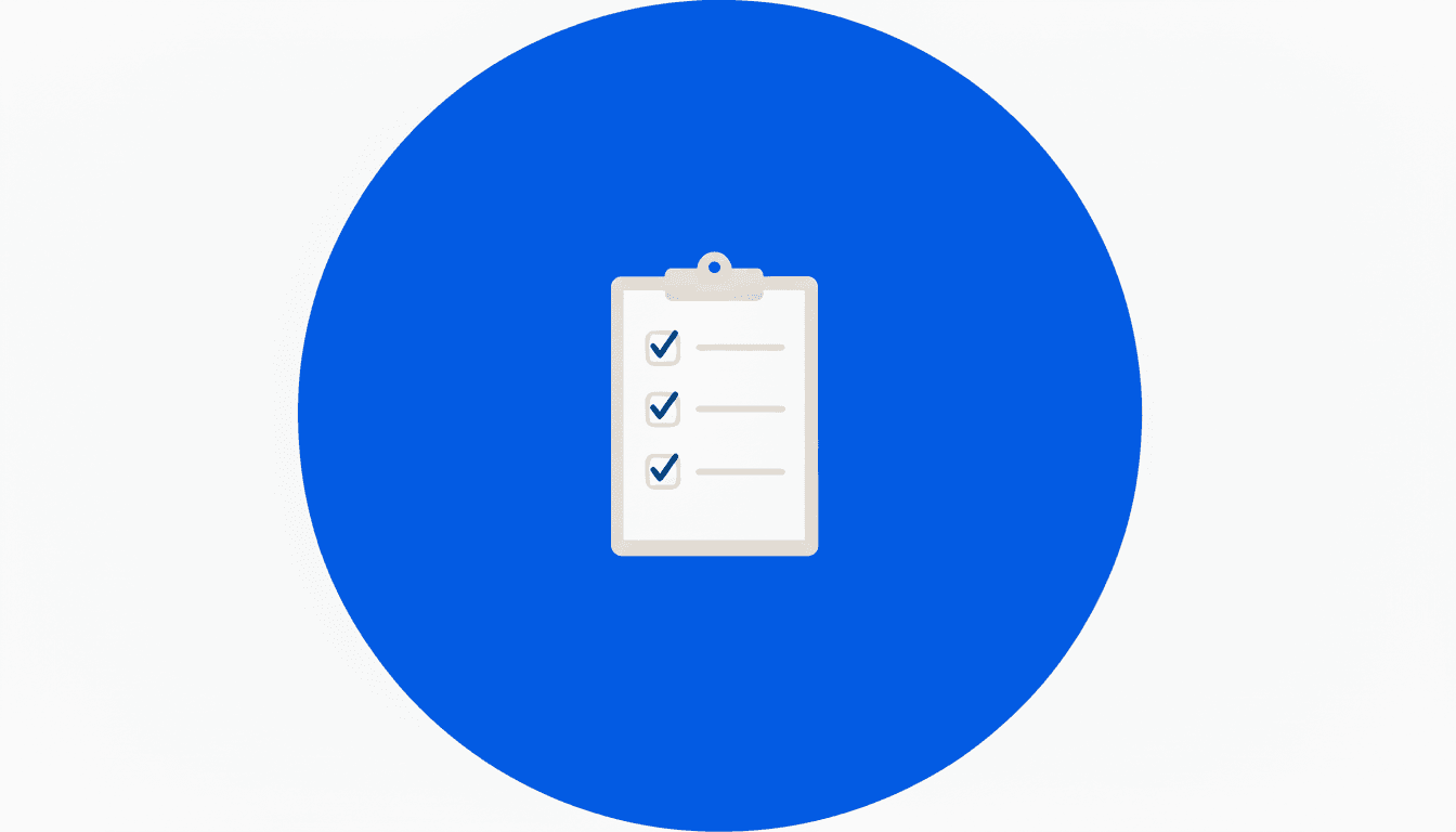 A clipboard with three checked items is centered on a blue circle background.
