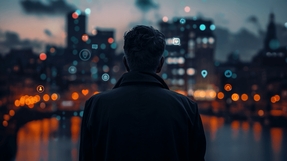 A person stands silhouetted against a city skyline at dusk, with glowing digital icons floating over the blurred cityscape.