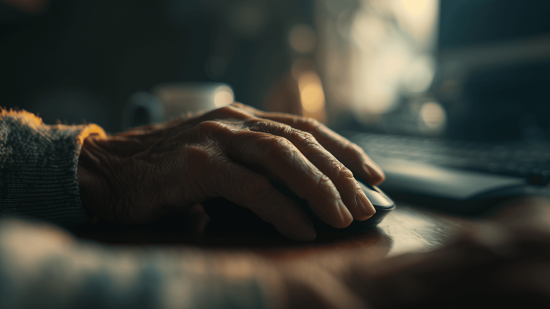 An elderly hand using a computer mouse on a wooden desk, with a blurred background and soft lighting.