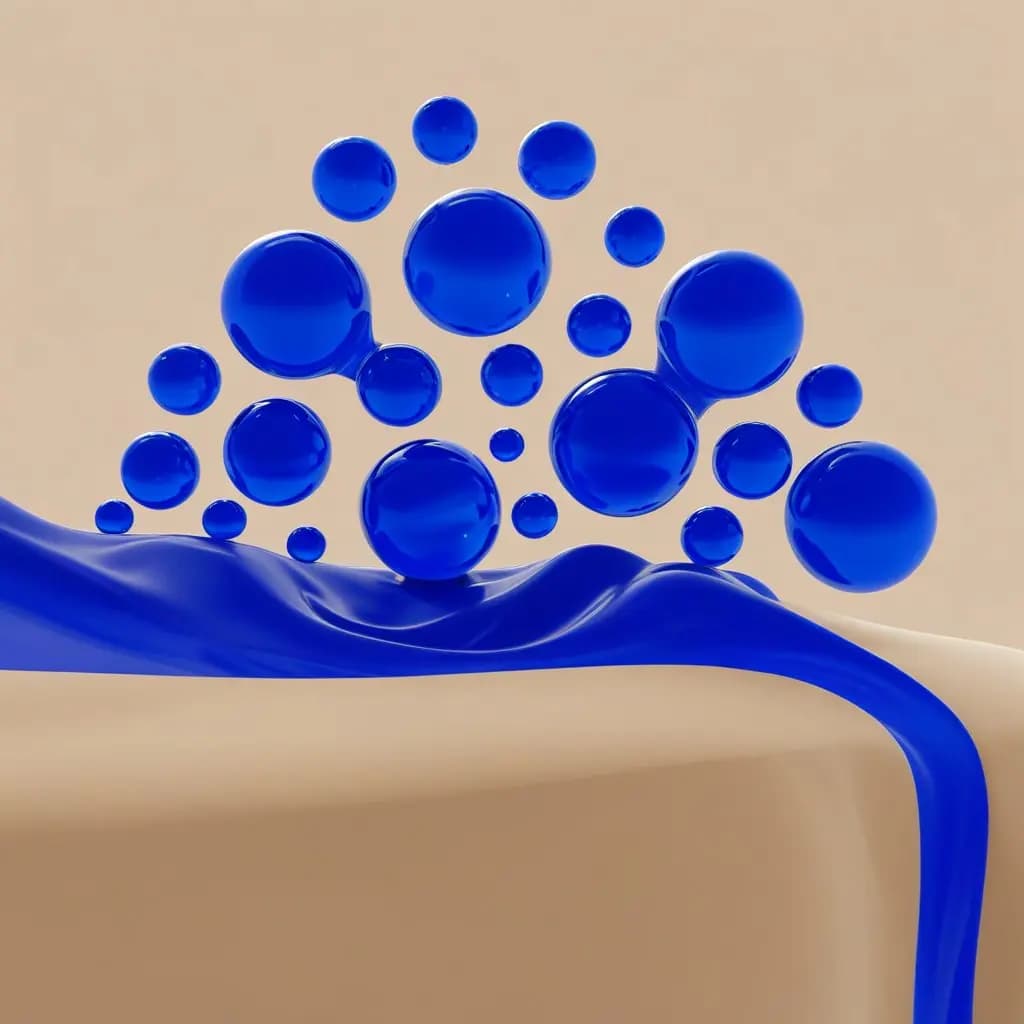 Blue spheres float above a flowing blue liquid on a beige background, creating an abstract and minimalist composition.