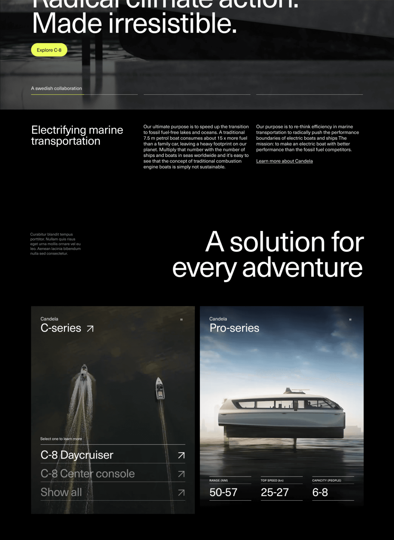 Text promoting electrified marine transport by a Swedish company. Features two series of electric boats and highlights their benefits.