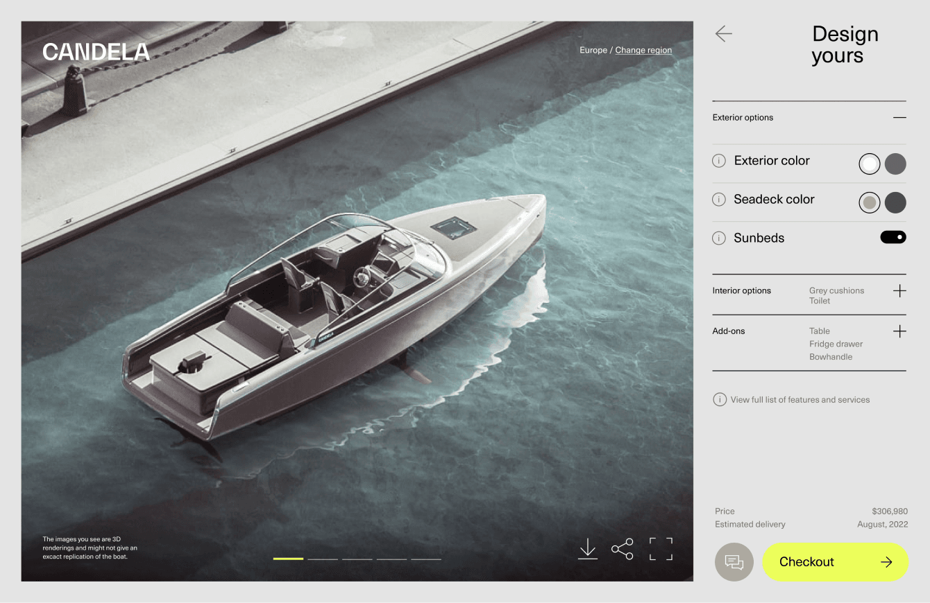 A sleek, modern boat floating on water next to a dock, with customization options and price details displayed on the right.