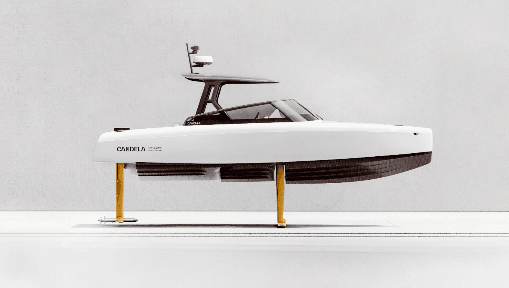 A sleek white hydrofoil boat with a streamlined design, raised on yellow struts.