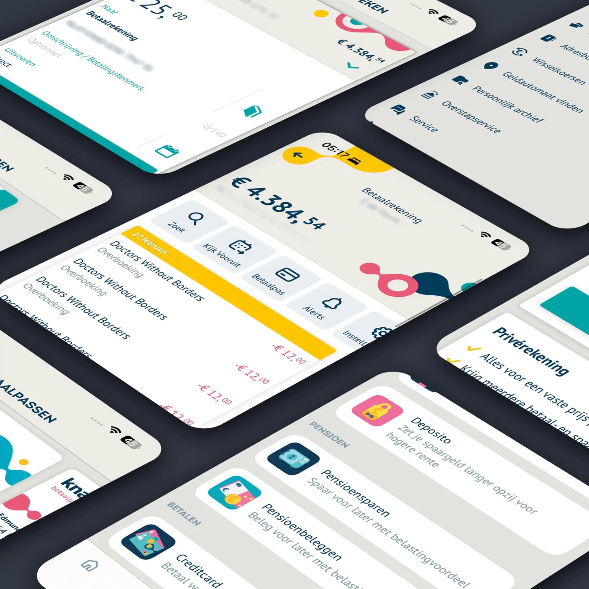 A collage of smartphone screens showing a banking app interface with account balances, transaction lists, and service menus in Dutch.