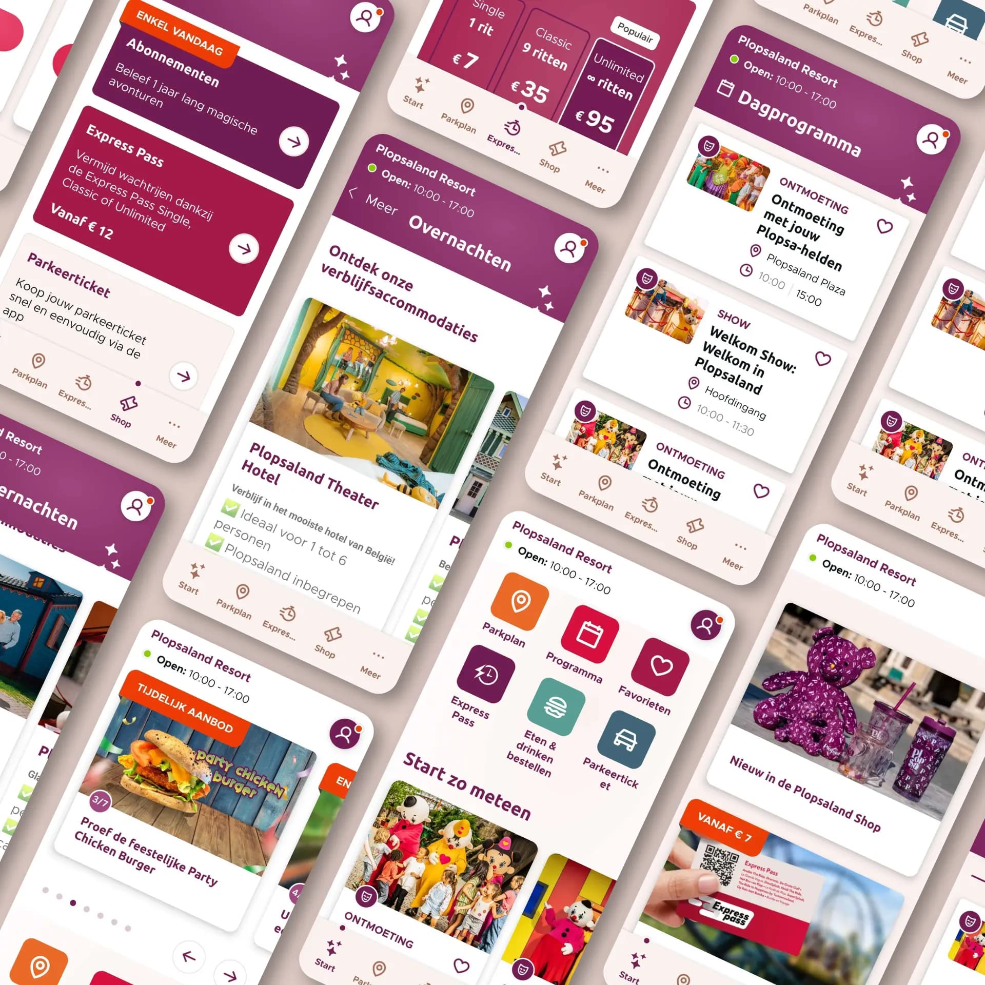 A series of app screens showcasing Plopsaland Resort’s offerings, including tickets, accommodations, shows, and dining options with vibrant visuals.