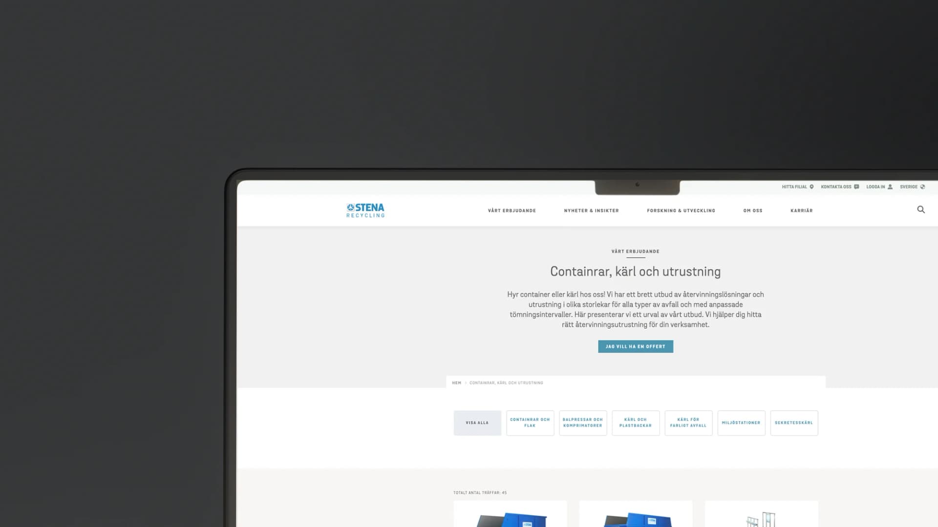 A website displaying a page for Stena Recycling, featuring container and equipment rental options for recycling solutions.