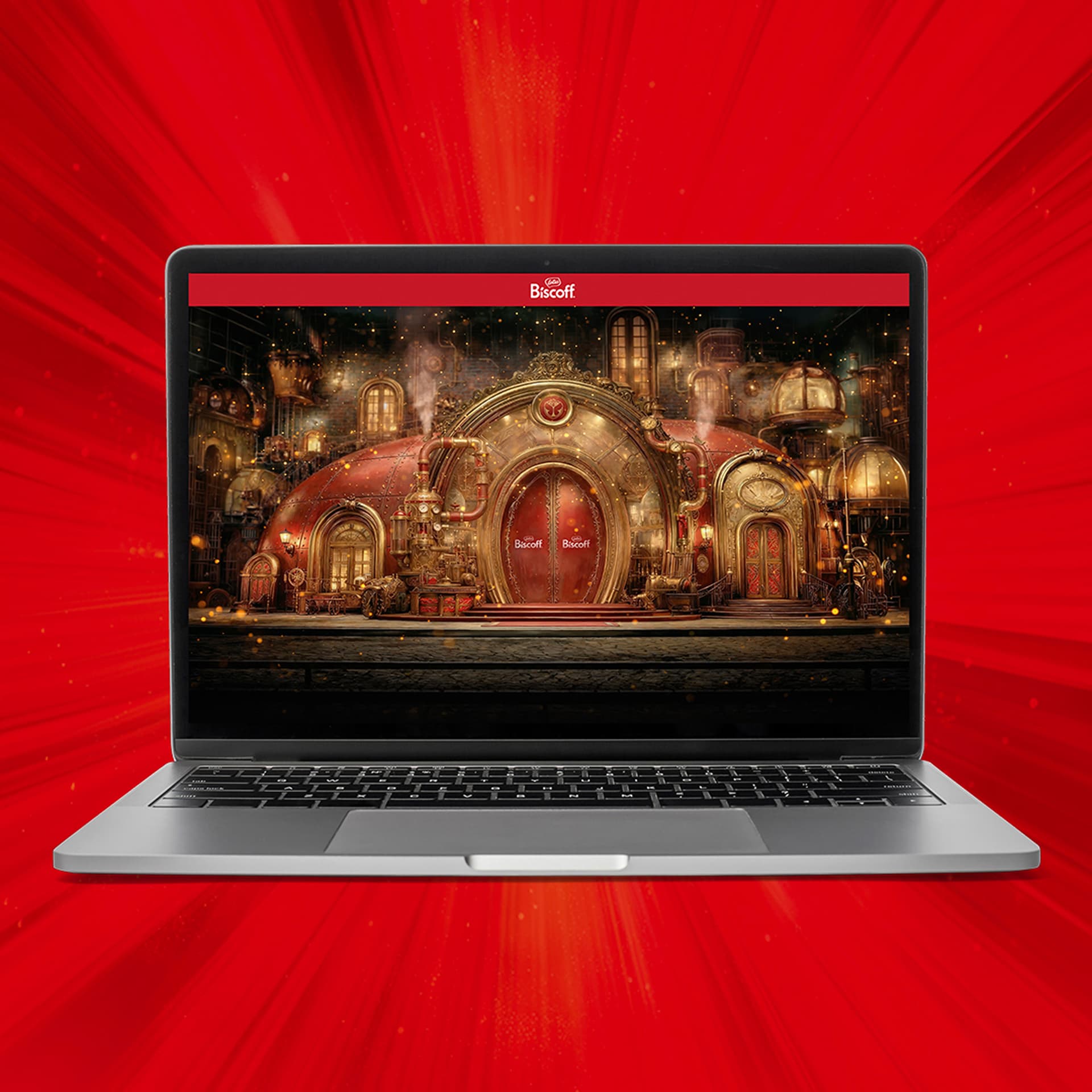 A laptop displaying a whimsical, ornate factory scene with "Biscoff" branding, set against a vibrant red background with dynamic light effects.