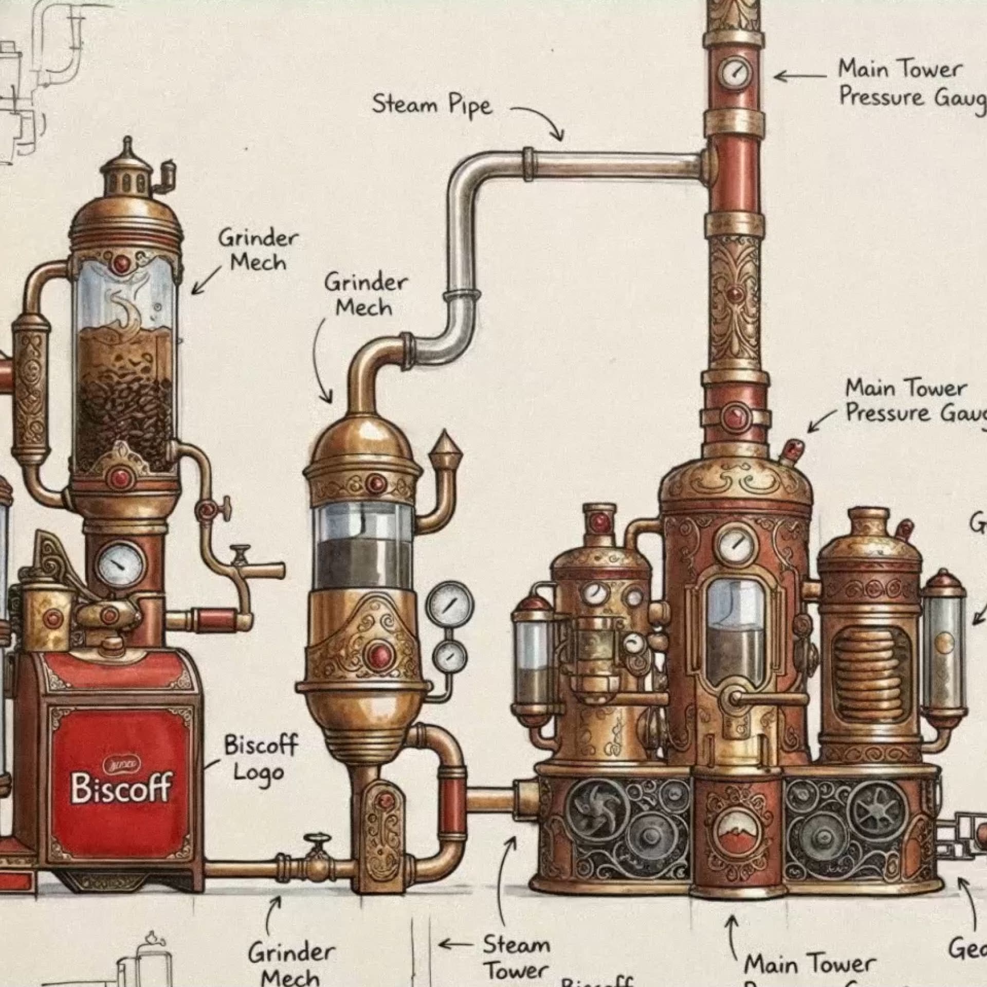 Steampunk-style coffee brewing machine with labeled components, including grinder, steam pipe, pressure gauge, and Biscoff logo.