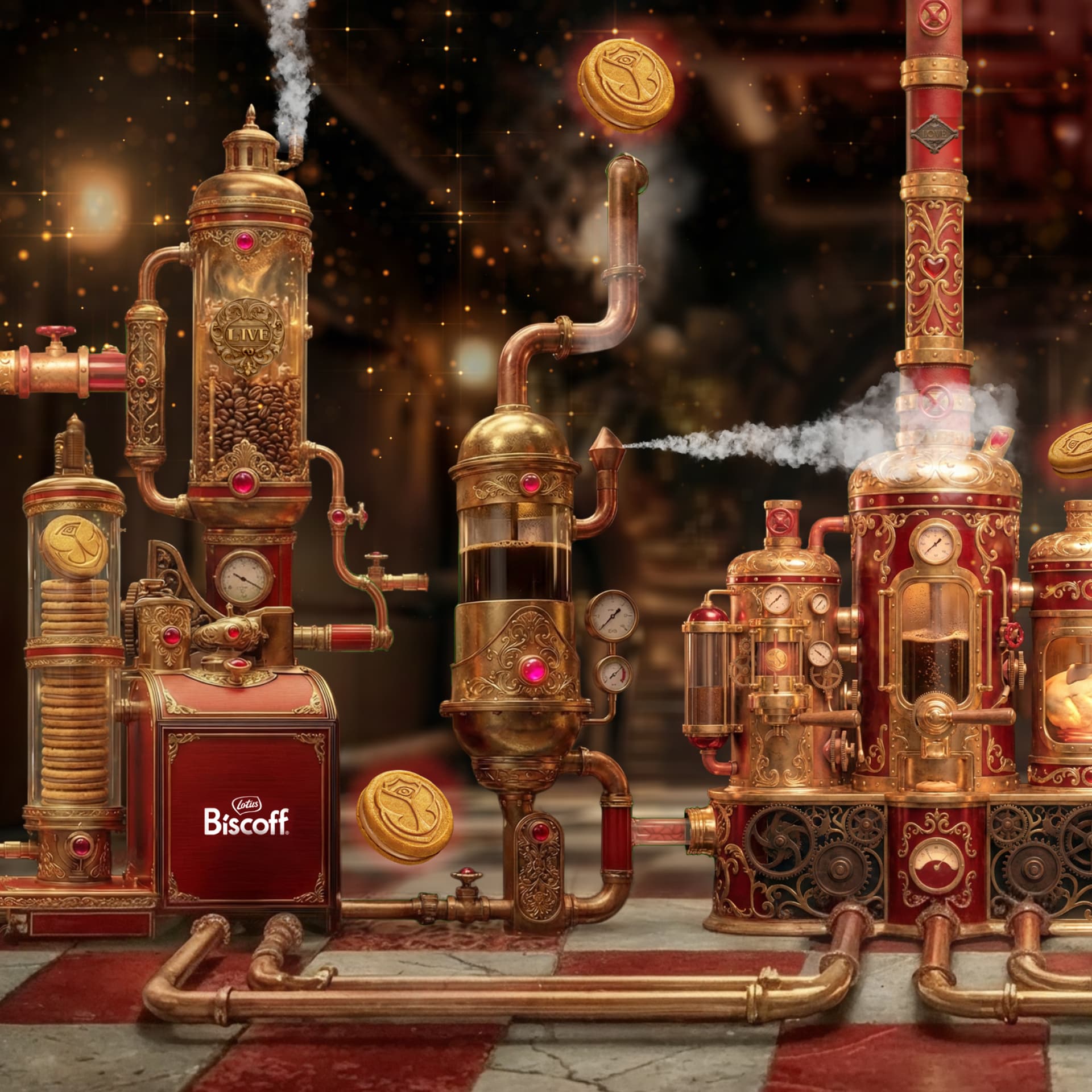 Steampunk-inspired cookie-making machine with intricate brass pipes, gears, and gauges, producing Biscoff cookies with decorative details.