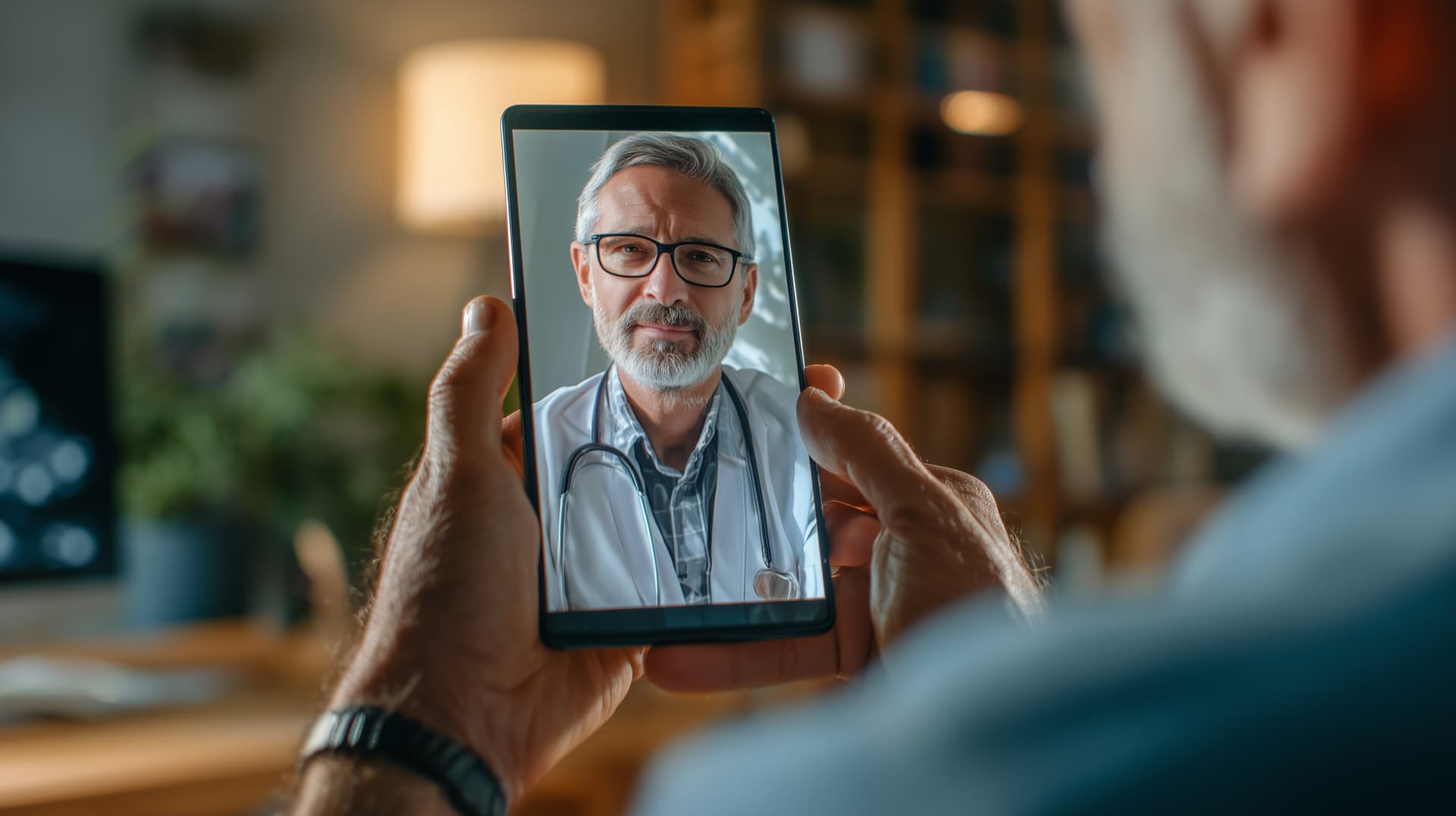 Person holding a tablet and video conferencing with a doctor wearing glasses and a stethoscope, in a warmly lit room.
