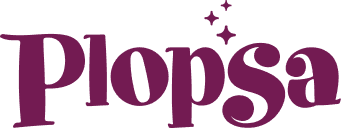 The image shows the maroon logo of Plopsa with stylized text and three small stars above the letter "P."