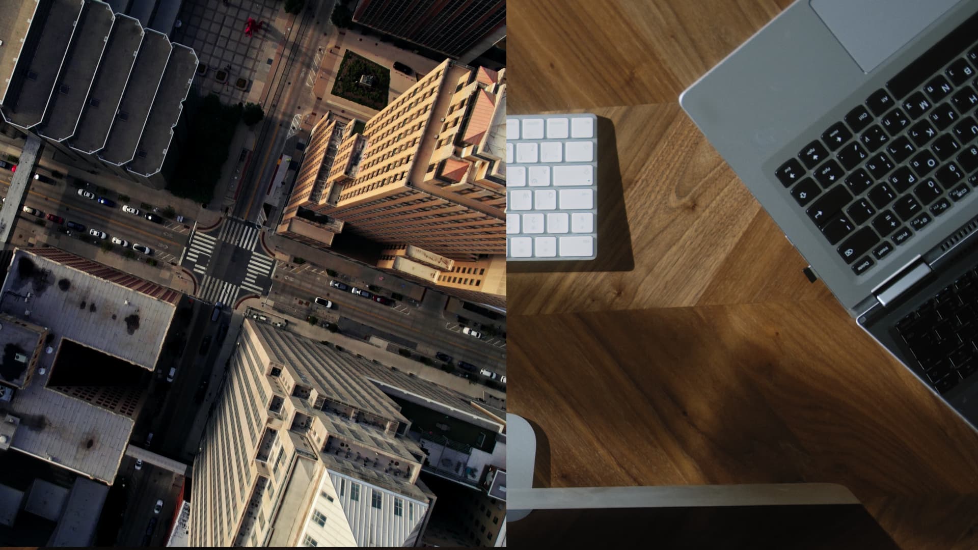 Split image: Left shows a top-down view of a city intersection with tall buildings; right shows a wooden desk with a laptop and keyboard.