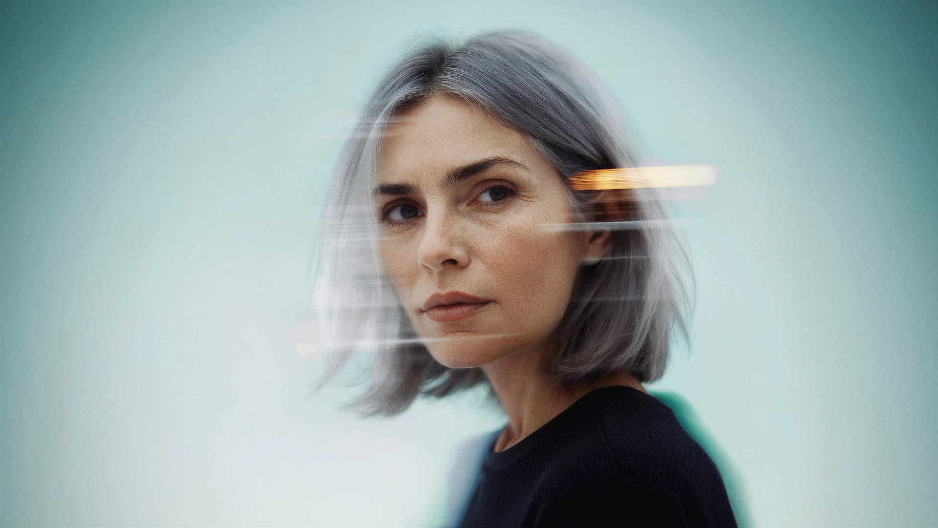 Woman with gray hair and a serious expression, wearing a black top, against a blurred teal background with light streaks.