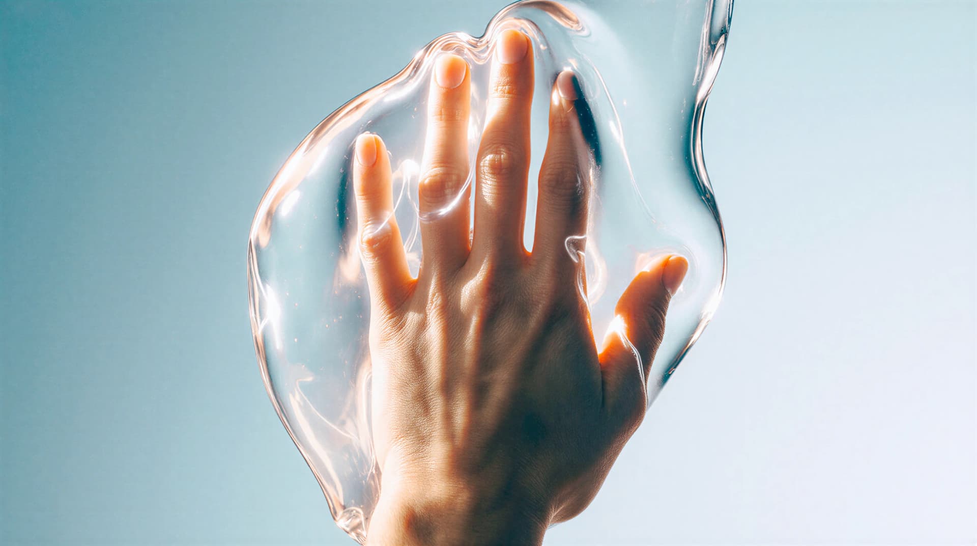 A hand pressing against a clear, wavy surface with light reflecting, creating a fluid, translucent effect against a soft blue background.